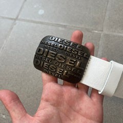 Diesel 2000's Repeat Logo White Leather Belt