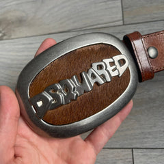 Dsquared2 Big Brown Hair Plaque Leather Belt