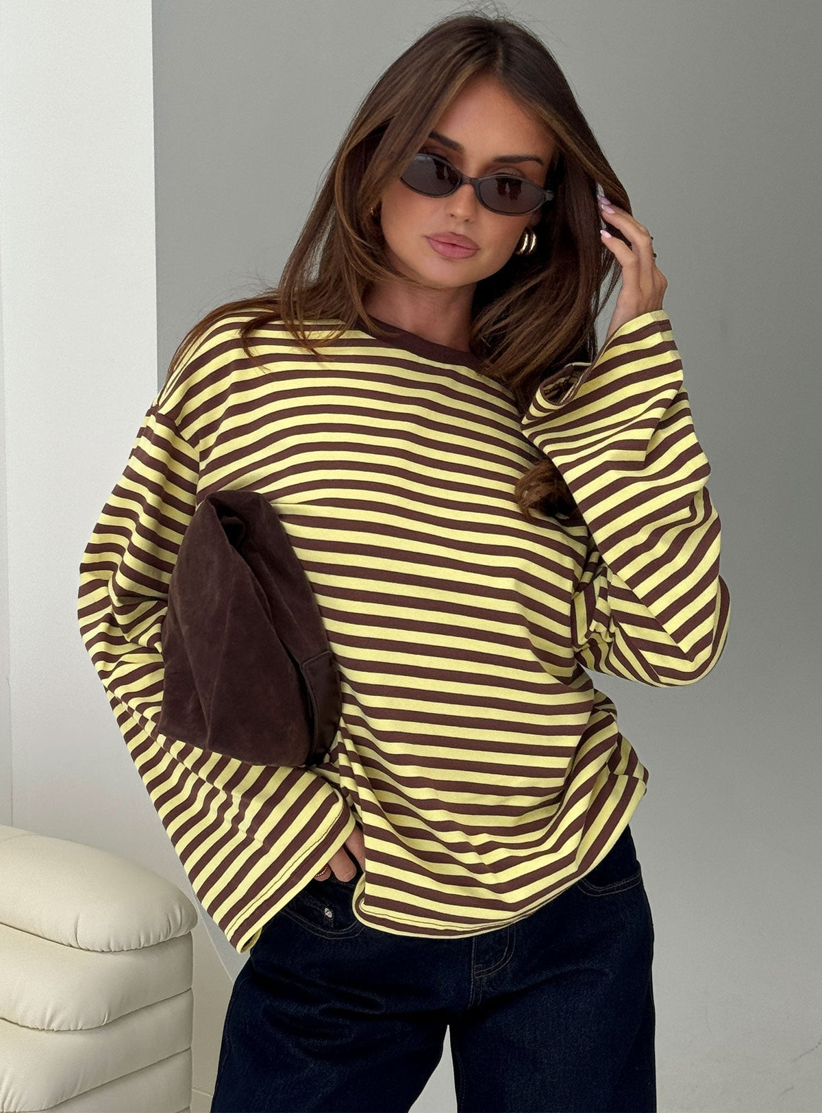 Settle Down Long Sleeve Top Yellow / Brown Stripe