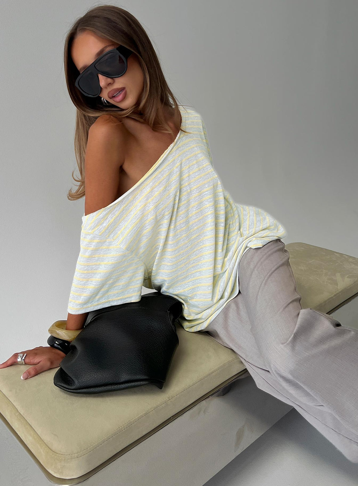 Winny Off Shoulder Tee Grey Marle / Lemon Stripe