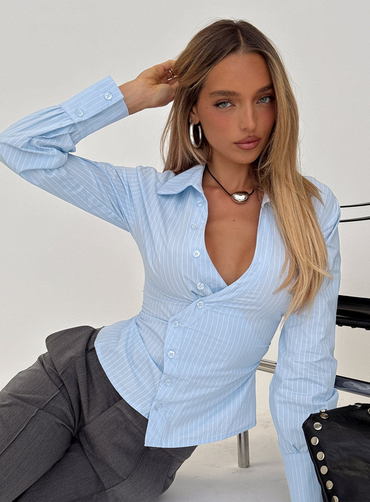 Mayda Asymmetrical Long Sleeve Shirt Blue Pinstripe