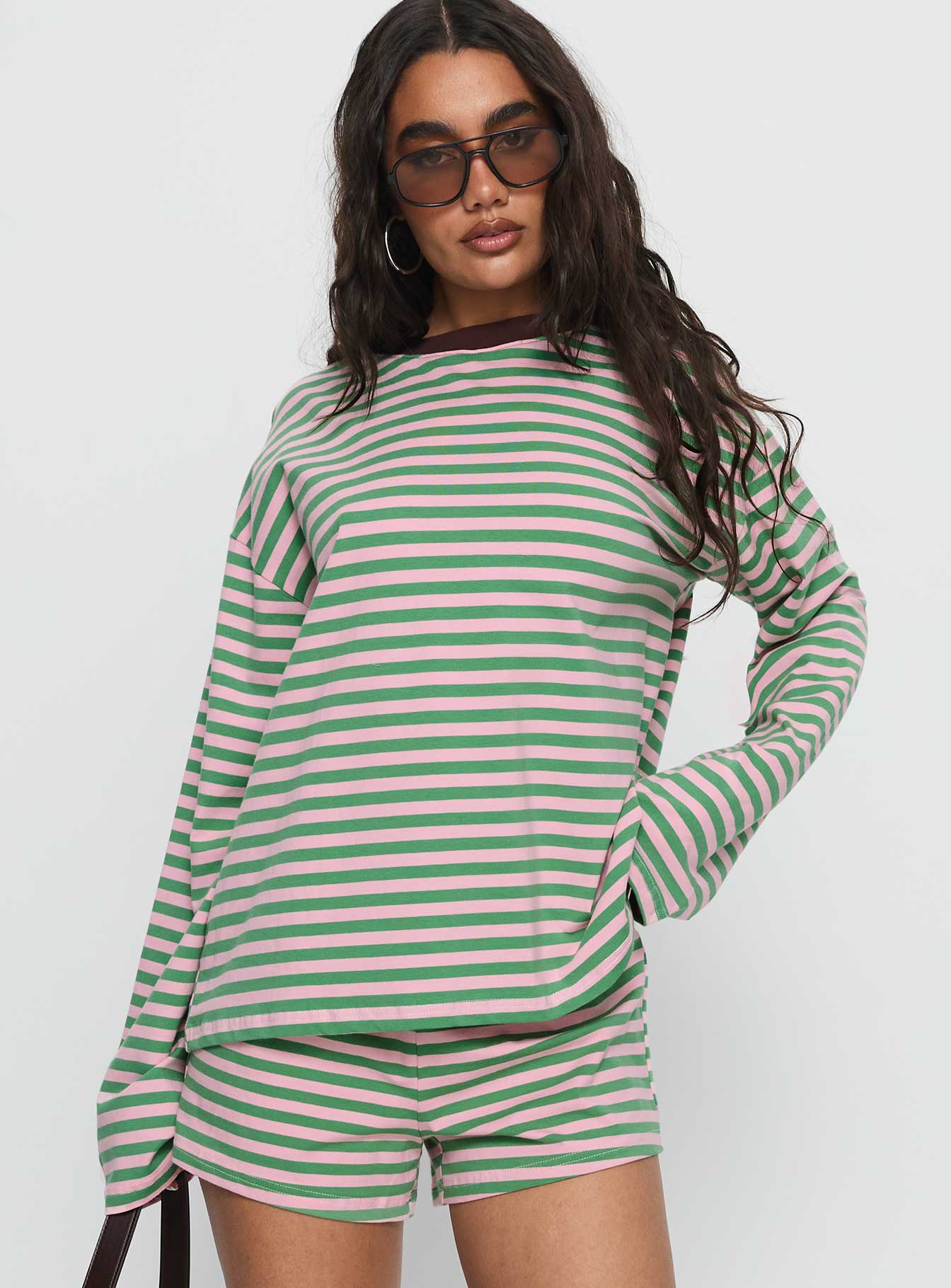 Settle Down Long Sleeve Top Green / Pink Stripe