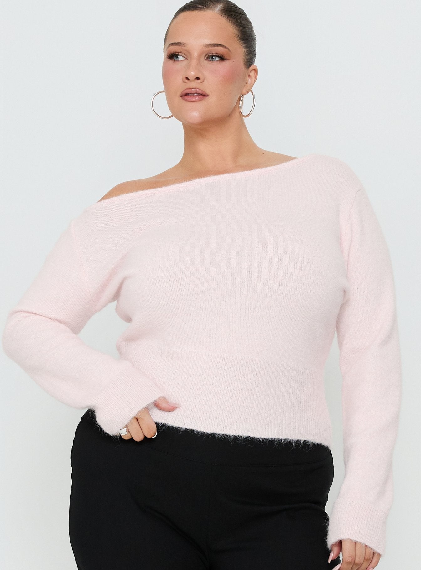 Selbey Fluffy Cinched Waist Off Shoulder Top Pink Curve