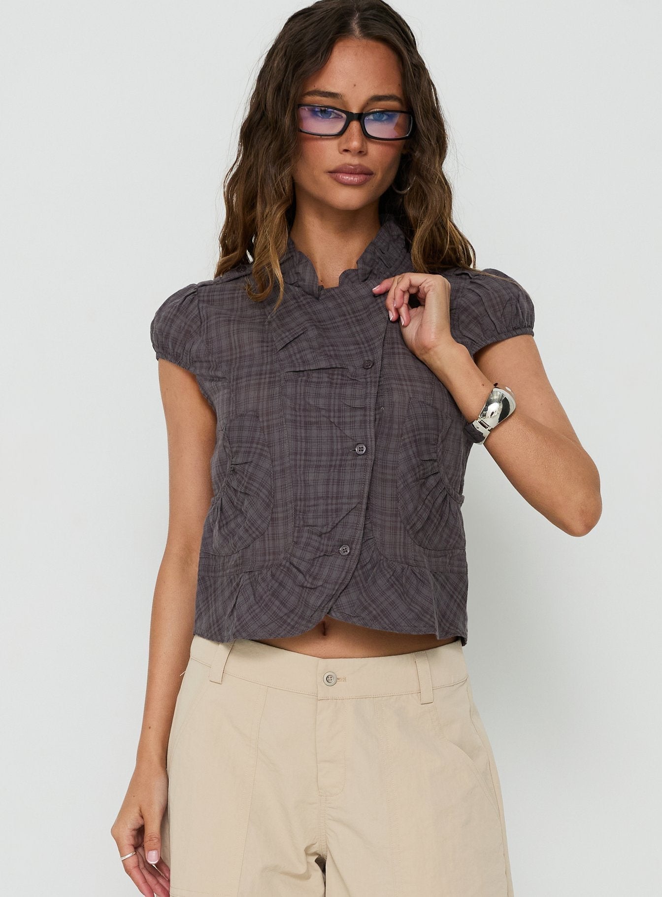 Aryalda Cap Sleeve Blouse Top Navy Check