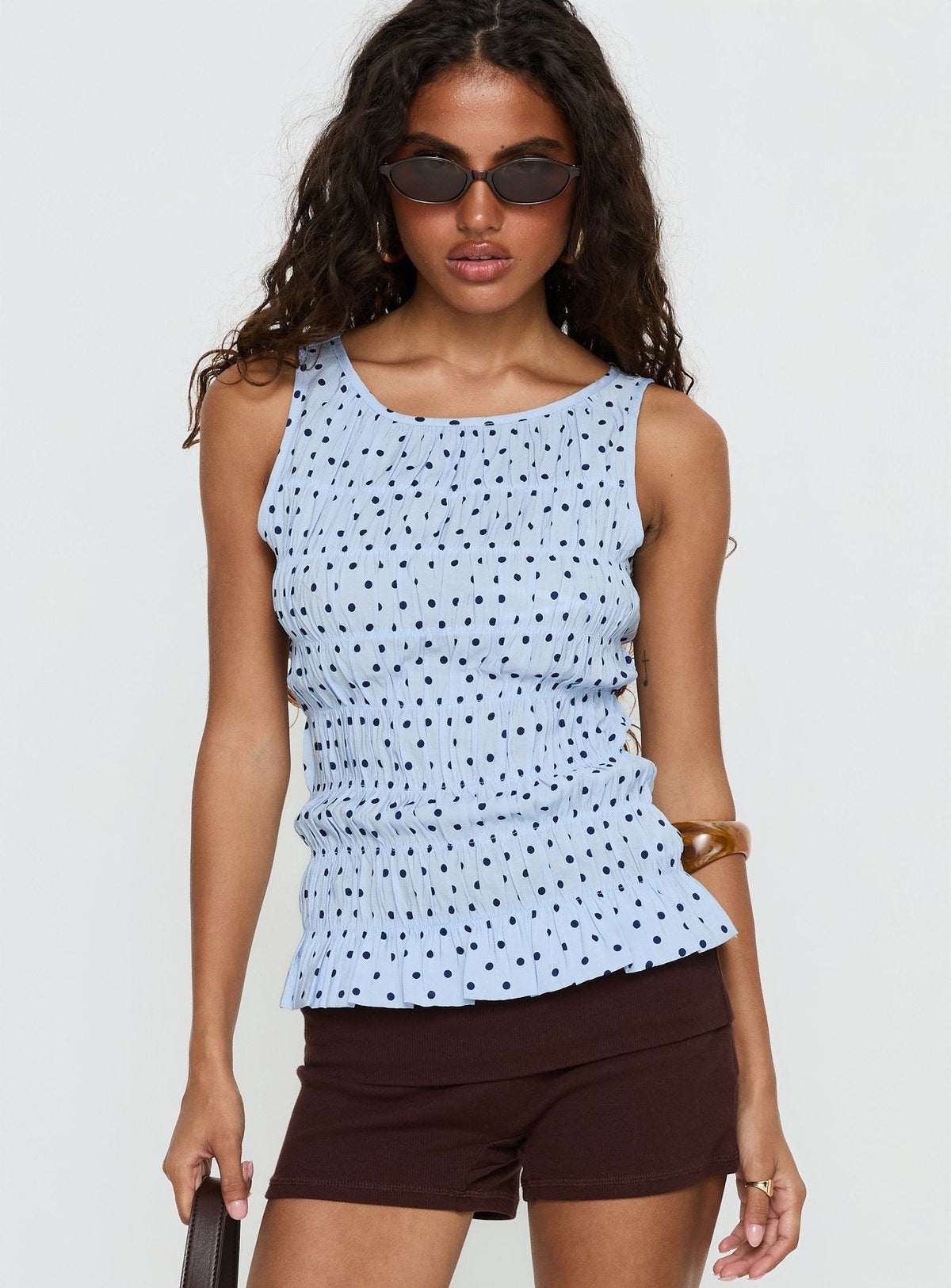 Marleene Shirred Top Blue Polka