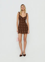 Lozie Frill V Neck Mini Dress Brown Polka Dot