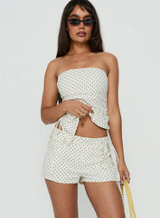 Lylie Linen Blend Tie Side Micro Shorts Cream Polka Dot