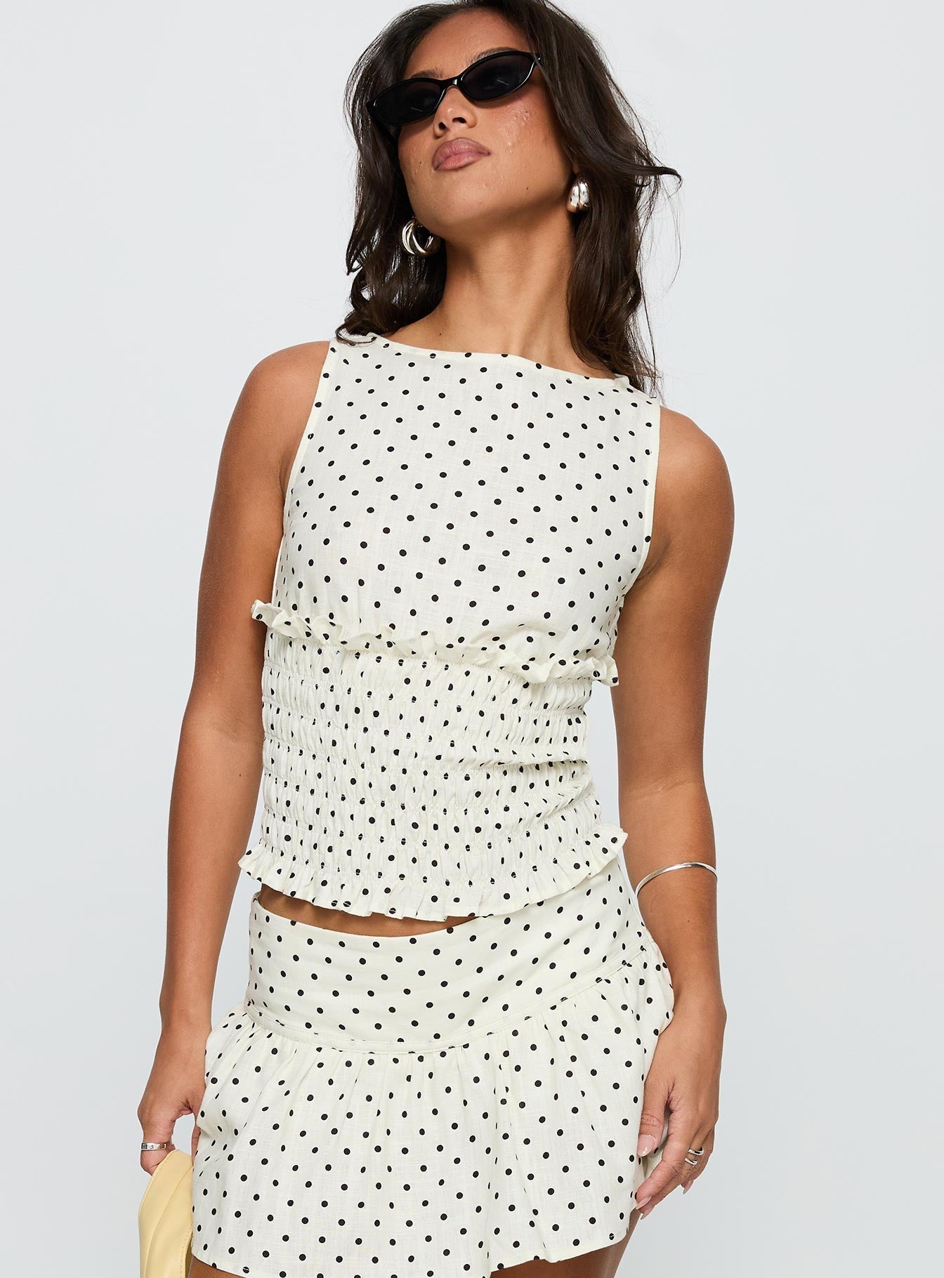 Roxee Ruched Linen Blend Top Cream Polka Dot
