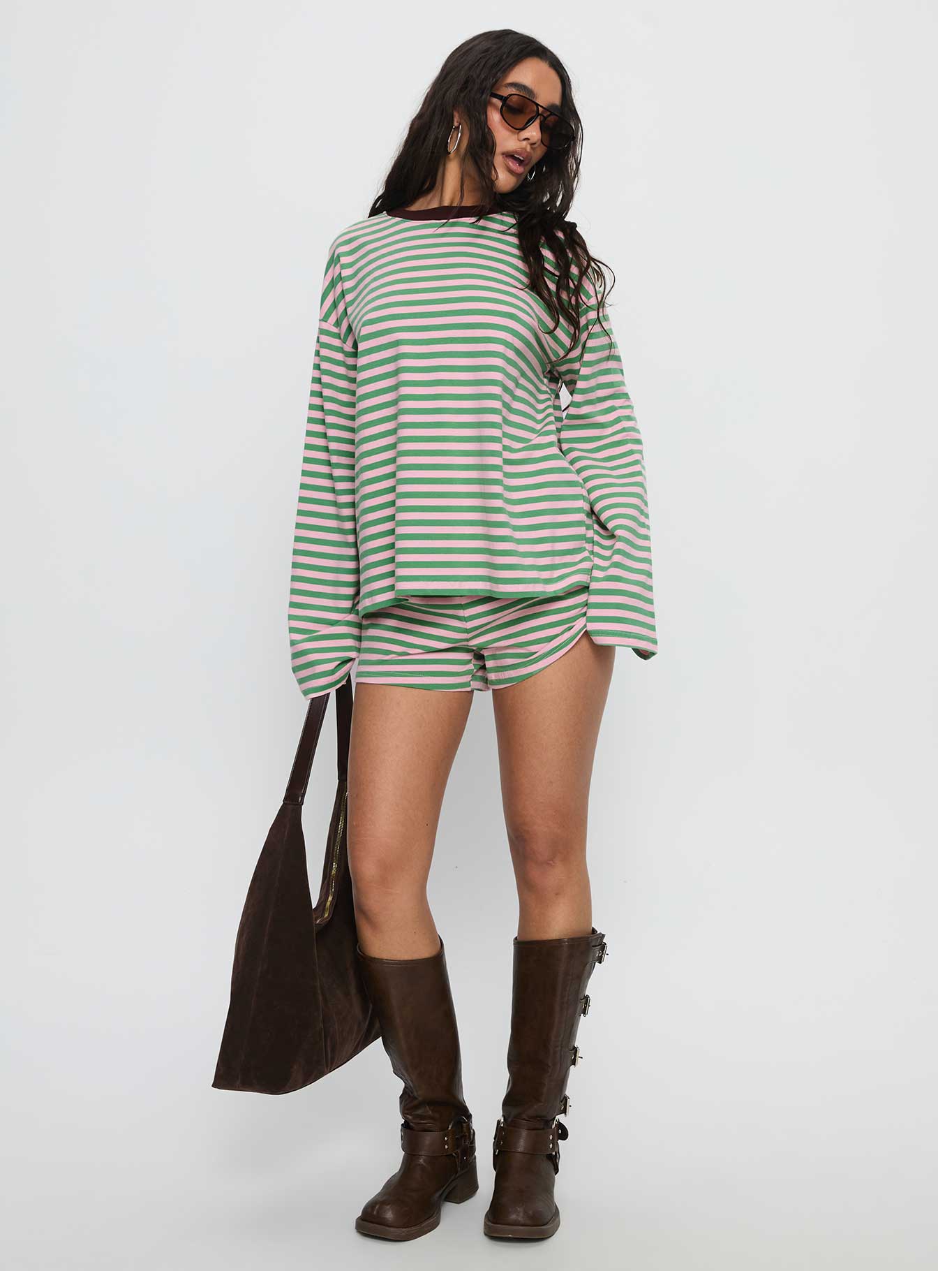 Settle Down Long Sleeve Top Green / Pink Stripe