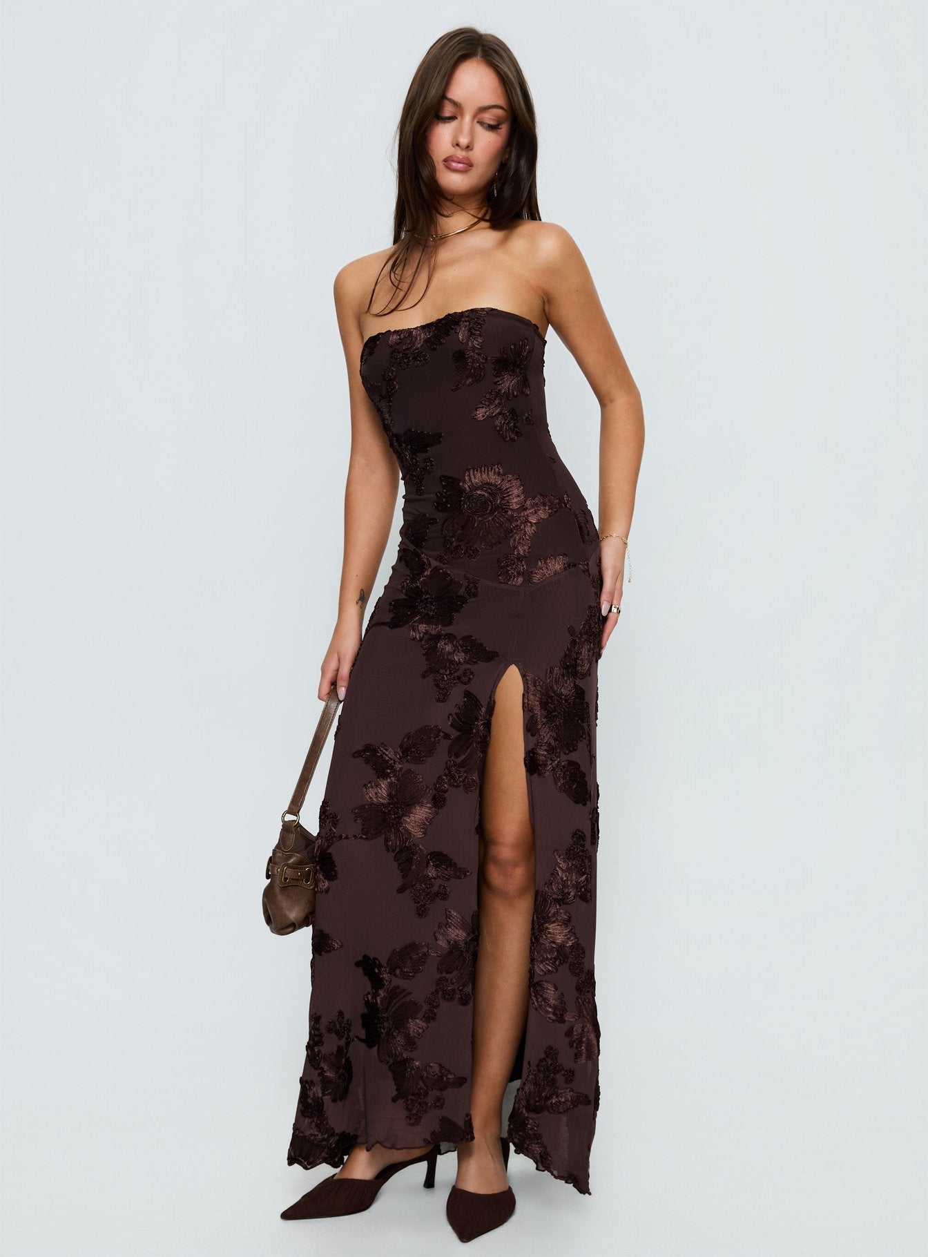 Maribeth Strapless Floral Maxi Dress Chocolate Brown