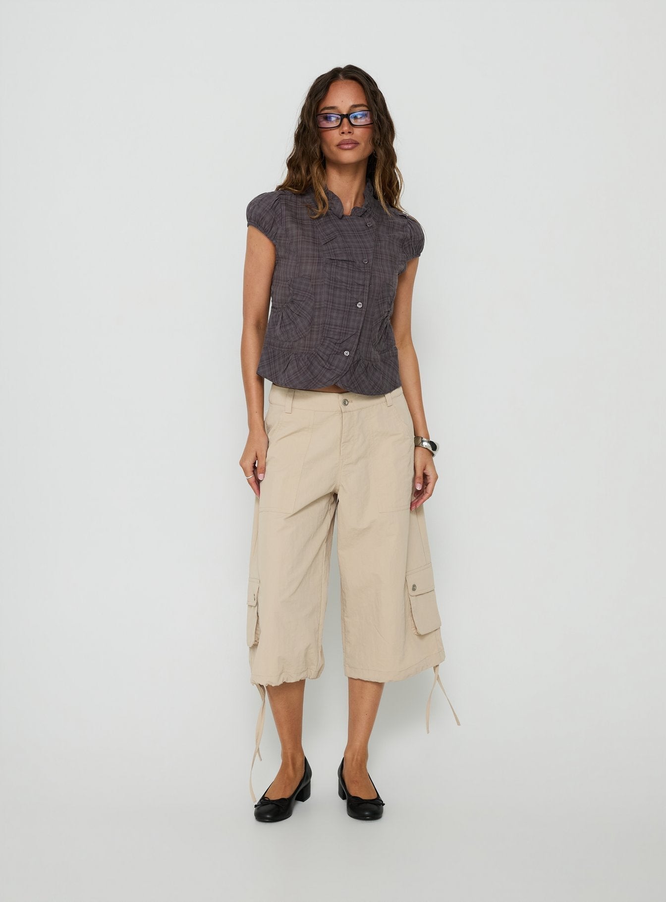 Aryalda Cap Sleeve Blouse Top Navy Check