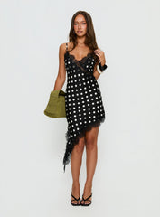 Afterdark Lace Asymmetrical Mini Dress Black Polka Dot