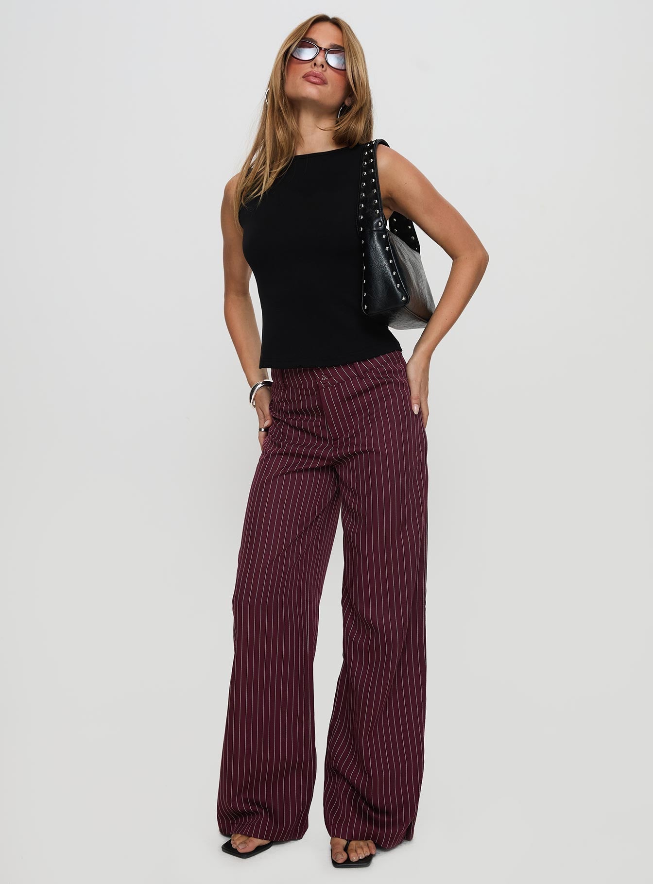 Lorenne Mid Rise Pant Burgundy Pinstripe