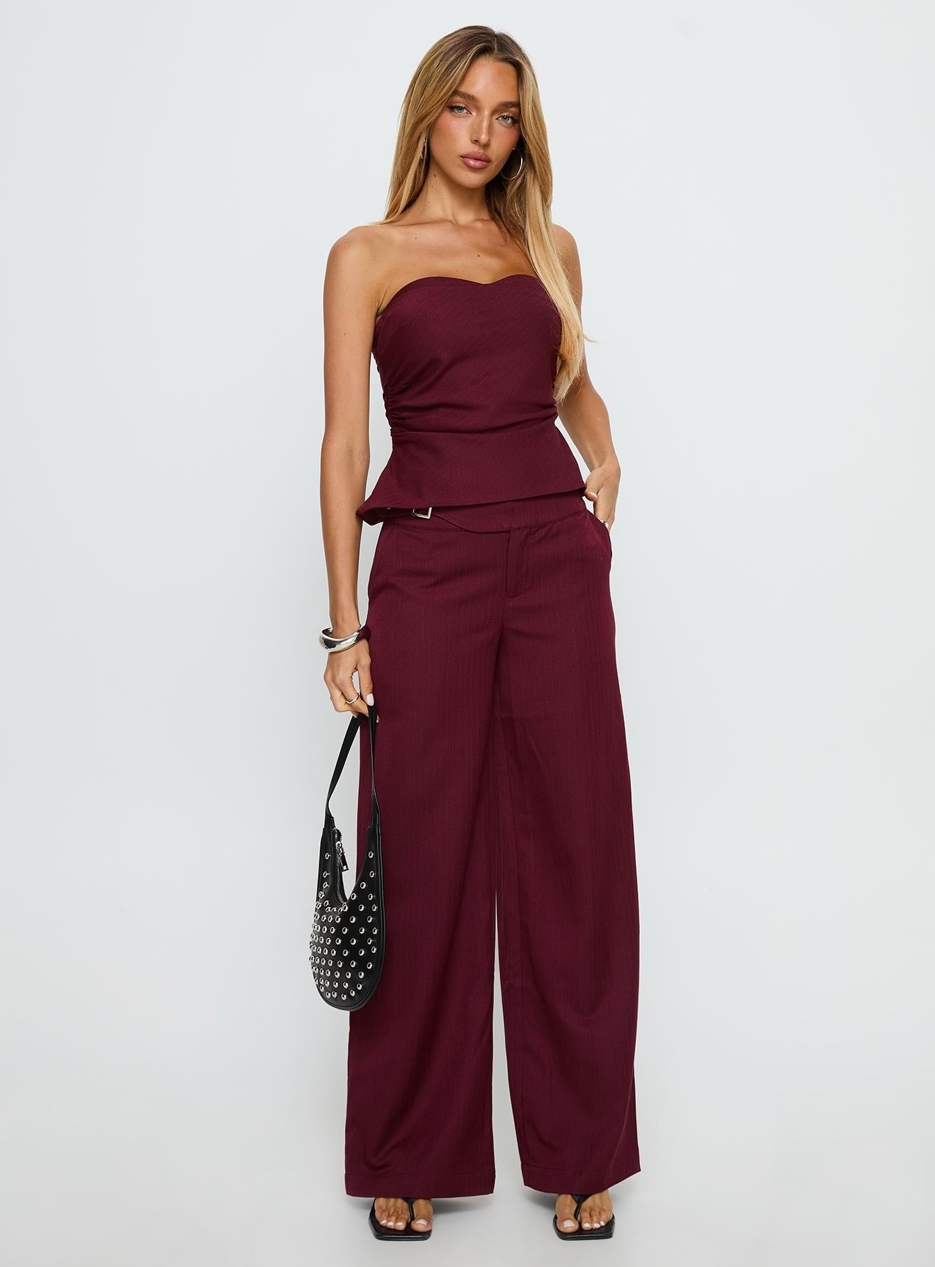 Jinny Relaxed Buckle Tailored Pants Berry Pinstripe