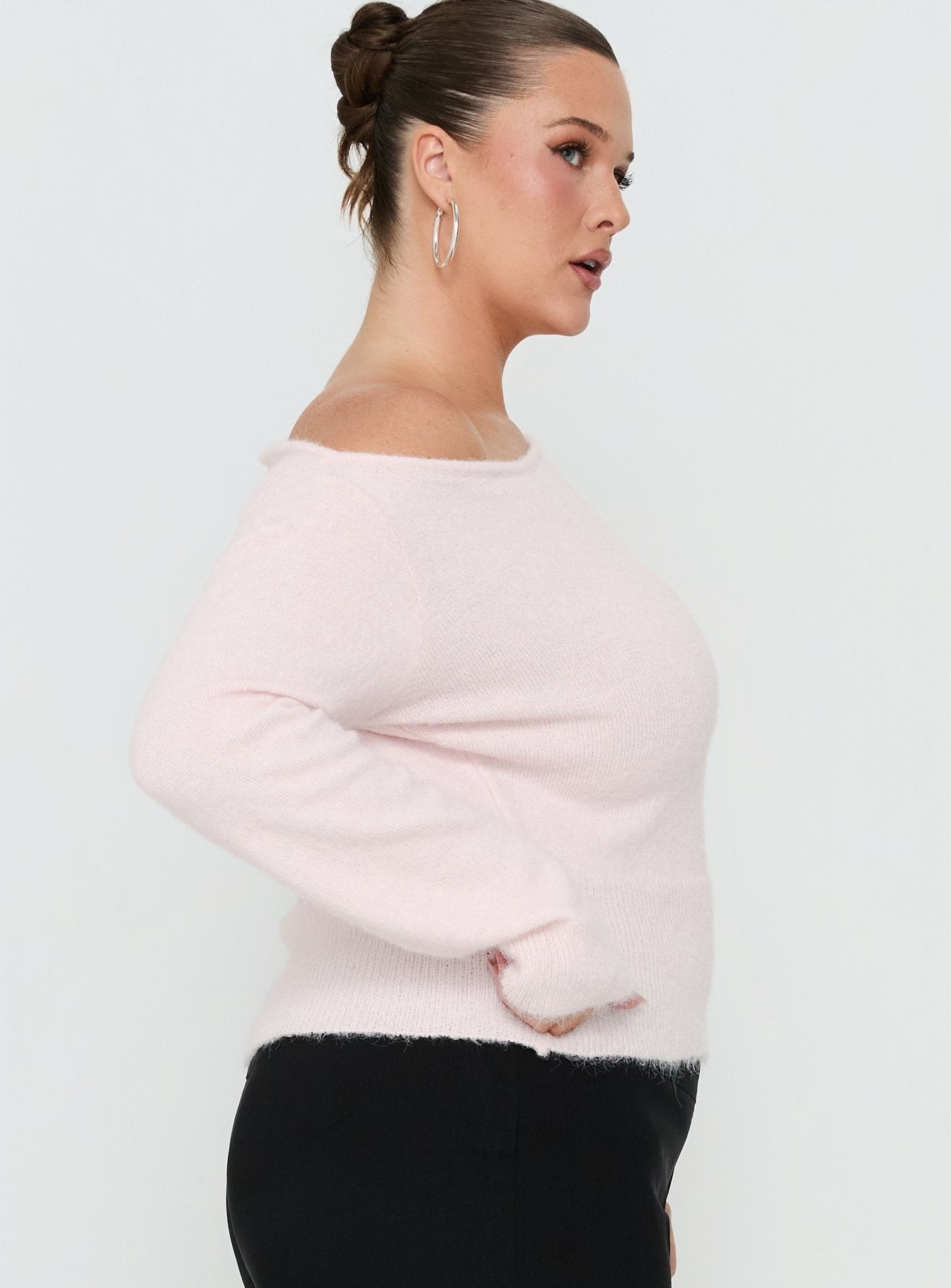 Selbey Fluffy Cinched Waist Off Shoulder Top Pink Curve