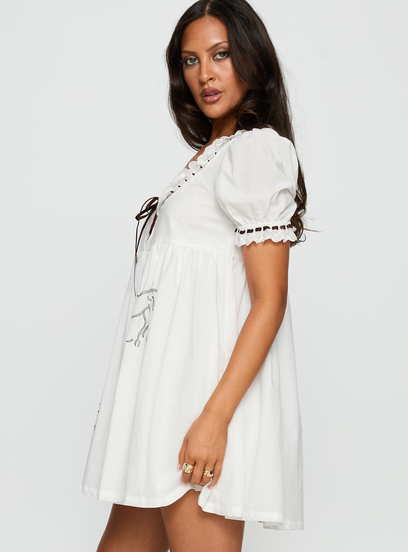Cloudy Babydoll Contrast Trim Mini Dress White