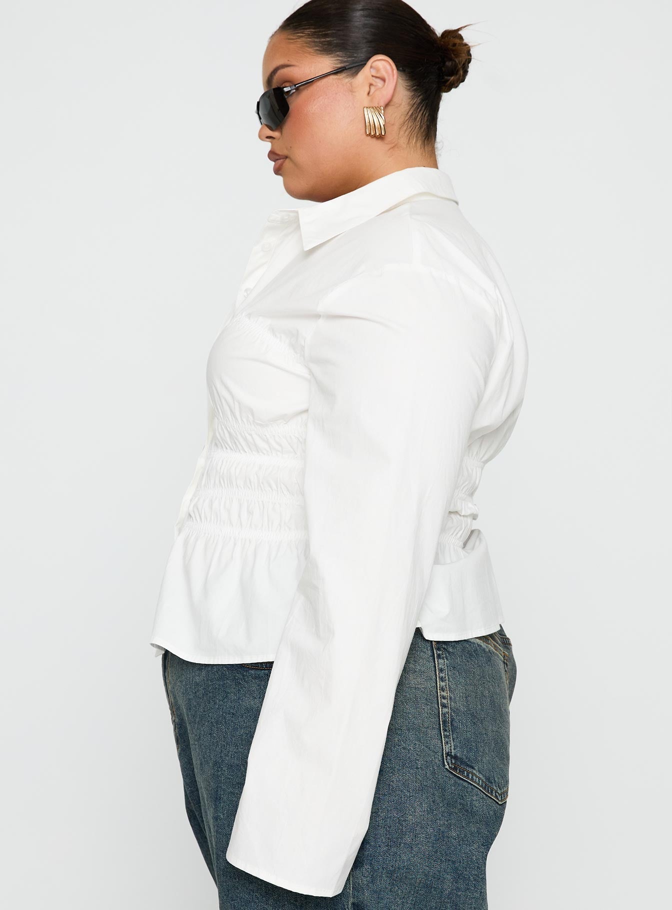 Liesel Shirred Long Sleeve Top White Curve