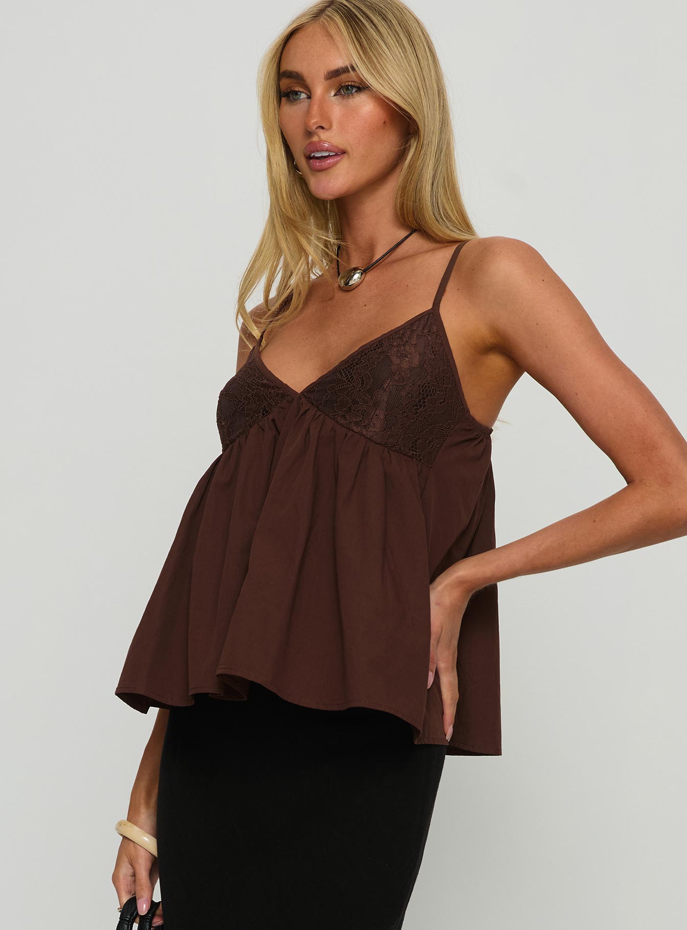 Janeesa Frill Lace Detail Cami Top Brown
