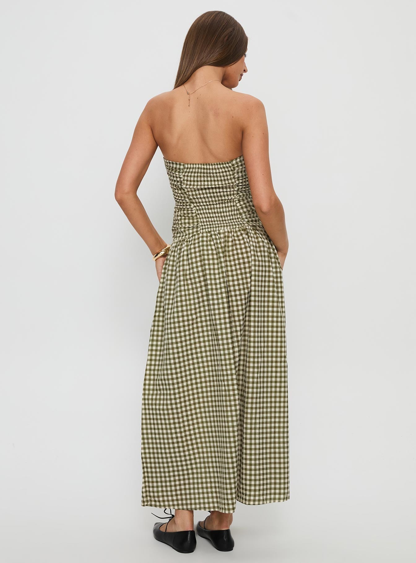 Frankey Strapless Drop Waist Maxi Dress Green Check