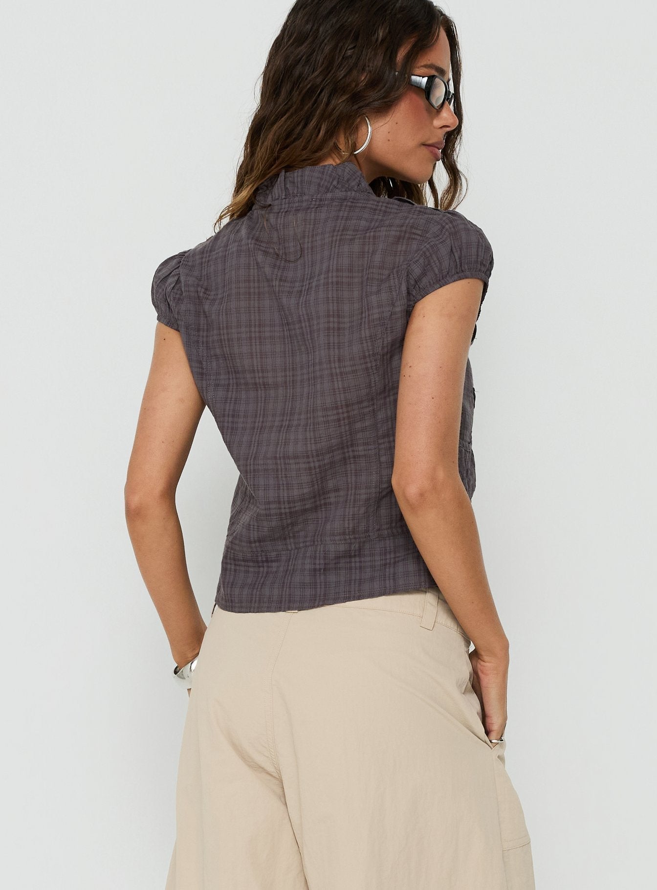 Aryalda Cap Sleeve Blouse Top Navy Check