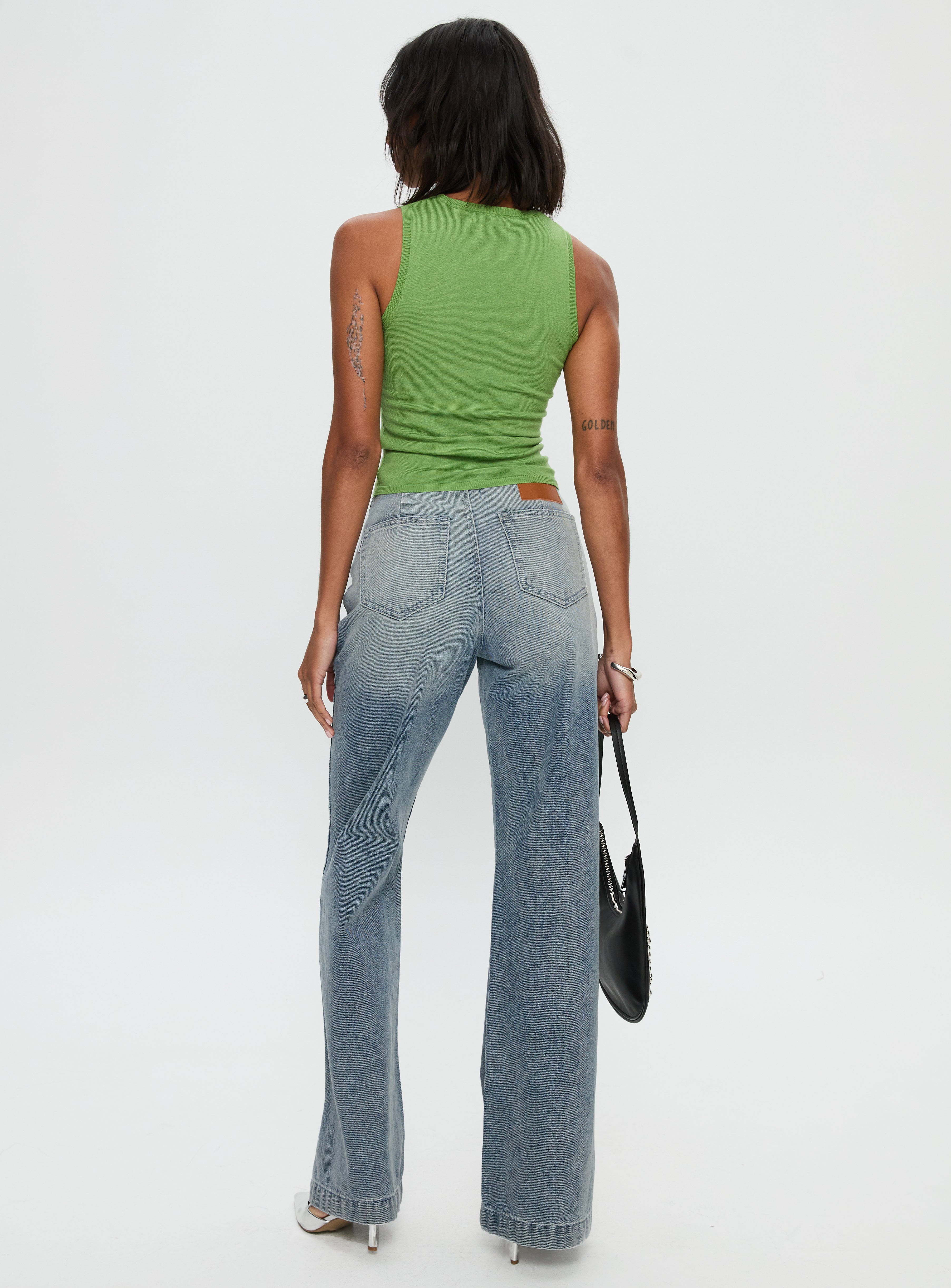 Slow Ride Mid Rise Bootleg Belted Jeans Light Blue