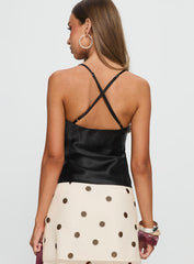 Sizzling Tie Detail Satin Top Black