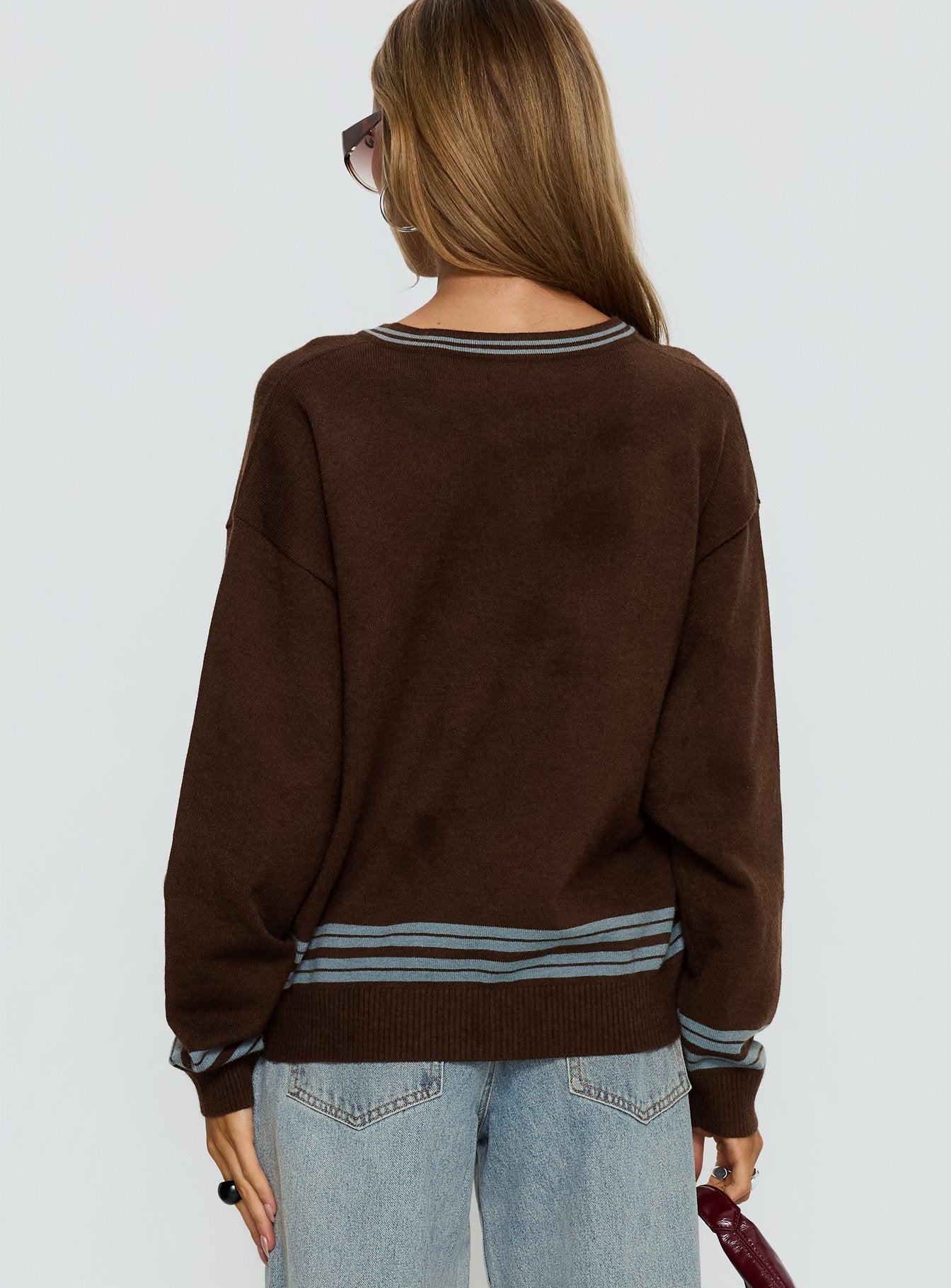 Yarnia V Neck Jumper Brown / Blue