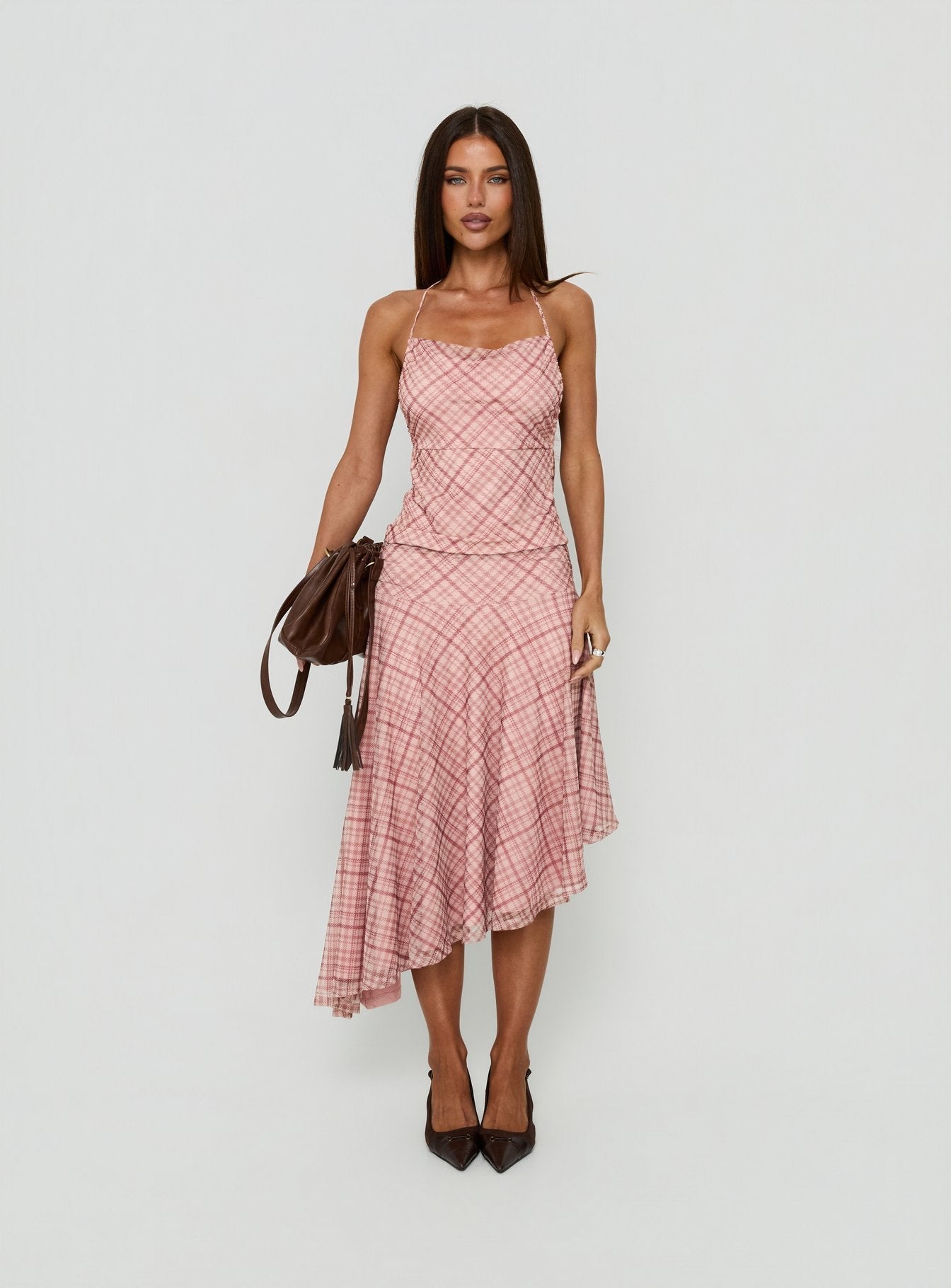 Waverlee Asymmetrical Midi Skirt Pink Check