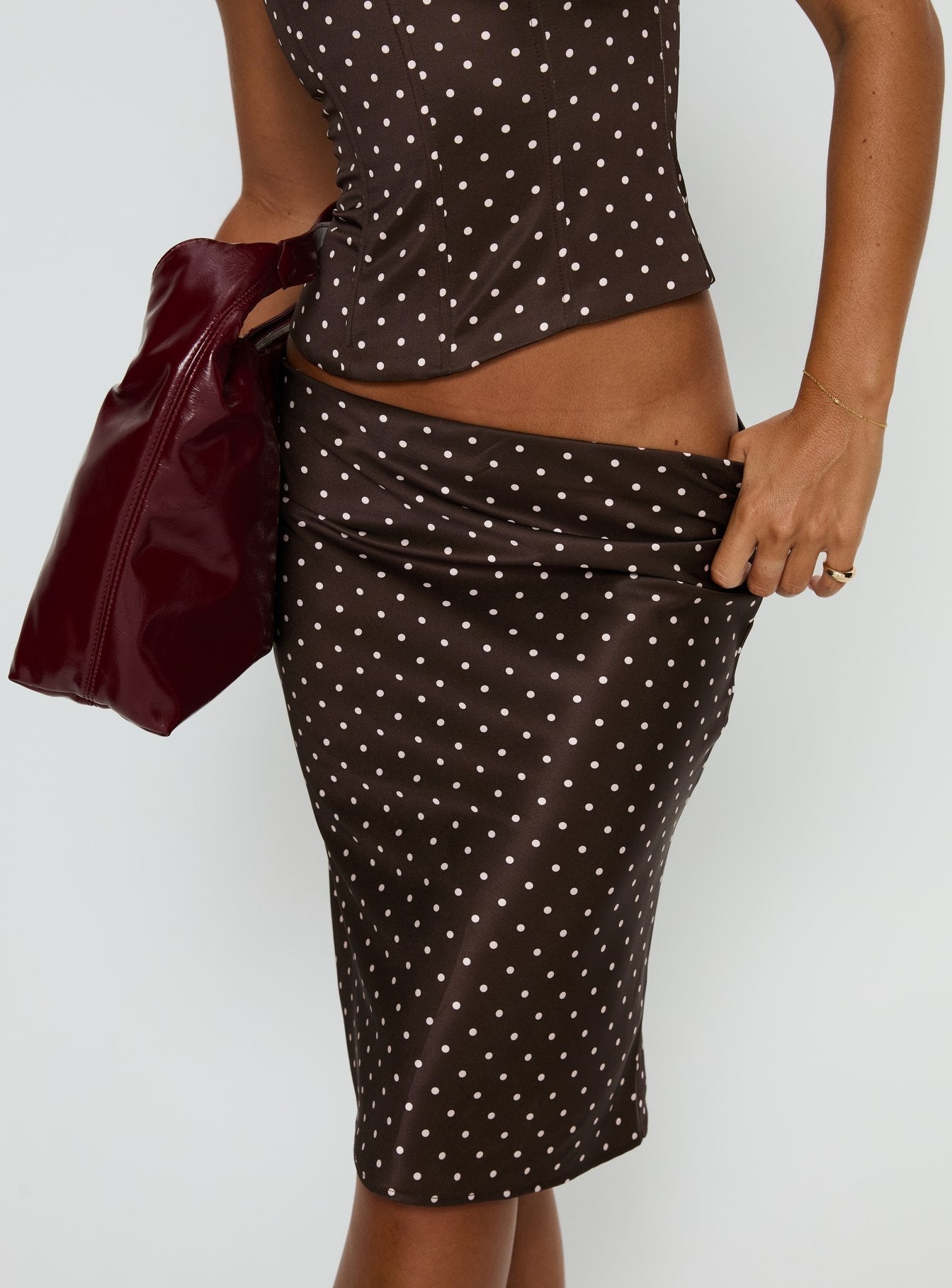 Somani Satin Midi Skirt Brown / Pink Polka Dot