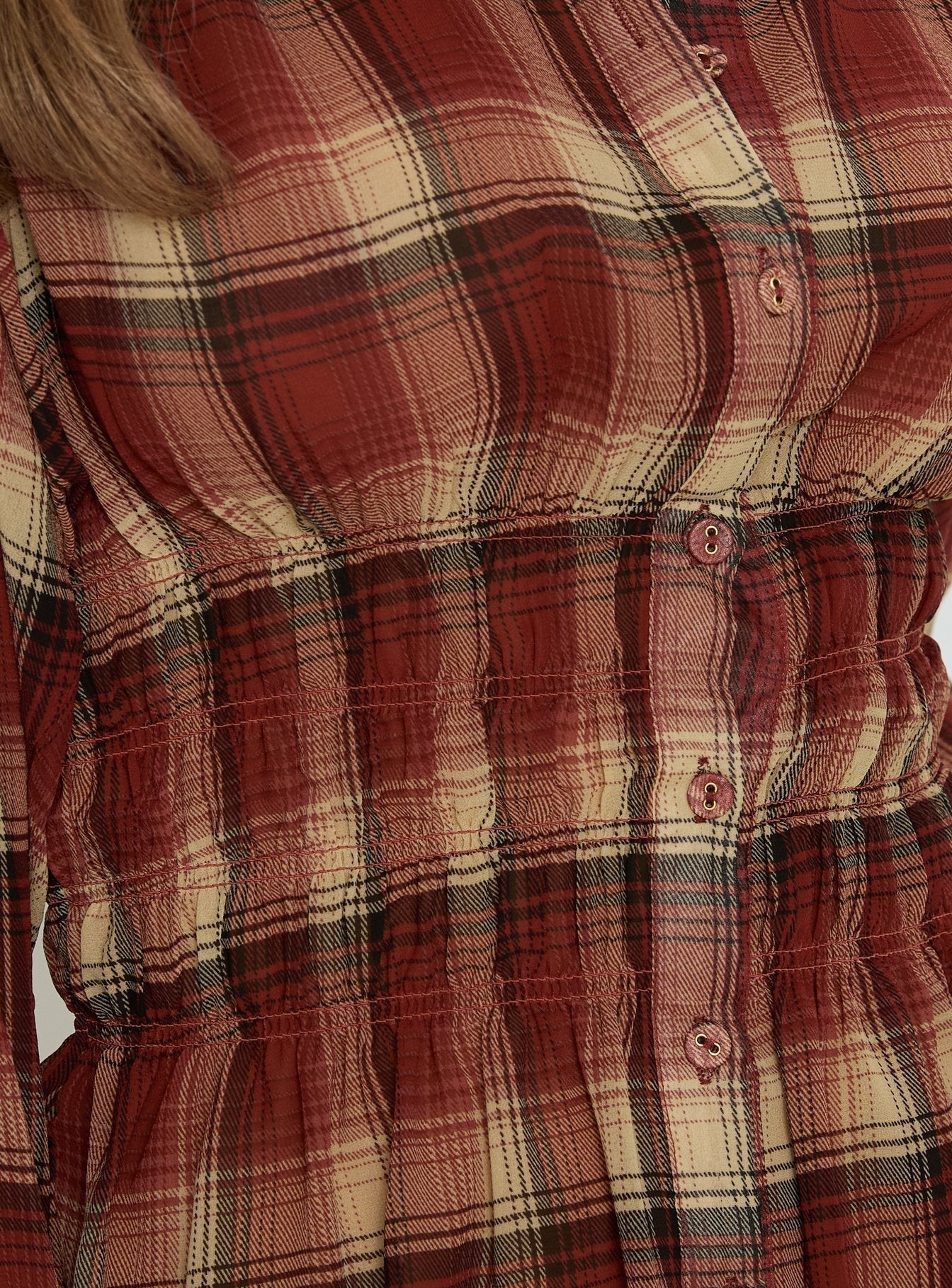 As You Are Shirred Button Up Top Red Check