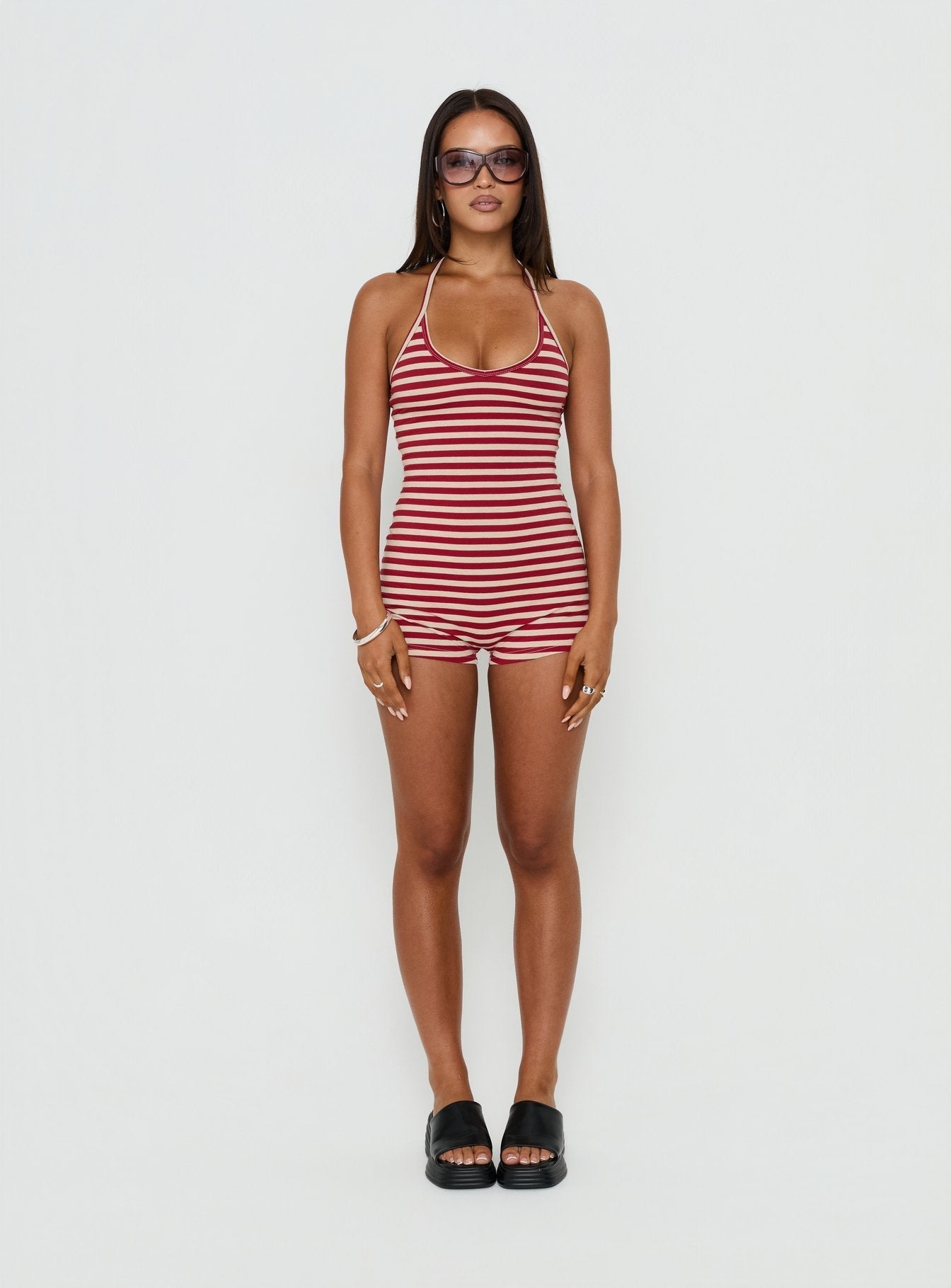 Watch Me Leave Halter Playsuit Red / White Stripe