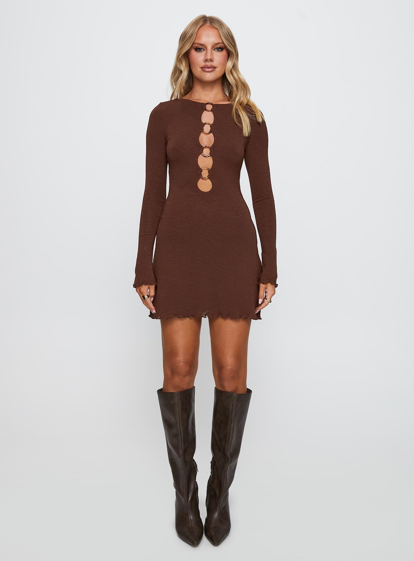 Dejonge Long Sleeve Ring Mini Dress Brown