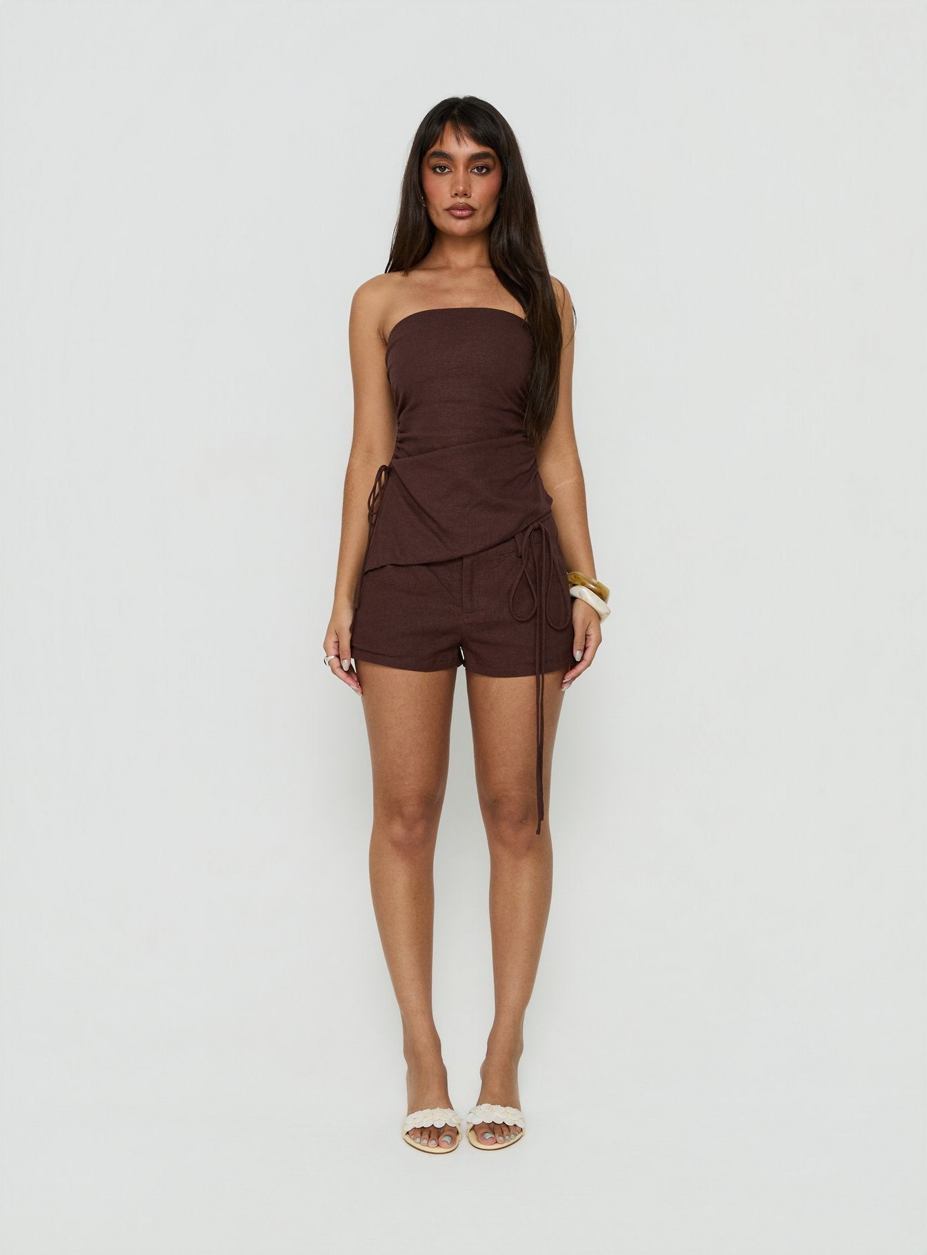 Lylie Linen Blend Tie Side Micro Shorts Brown