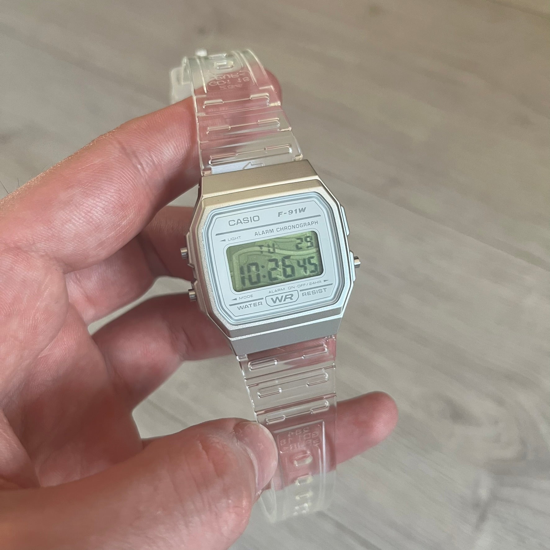 Casio F-91W "Money" Green & Clear Digital Watch