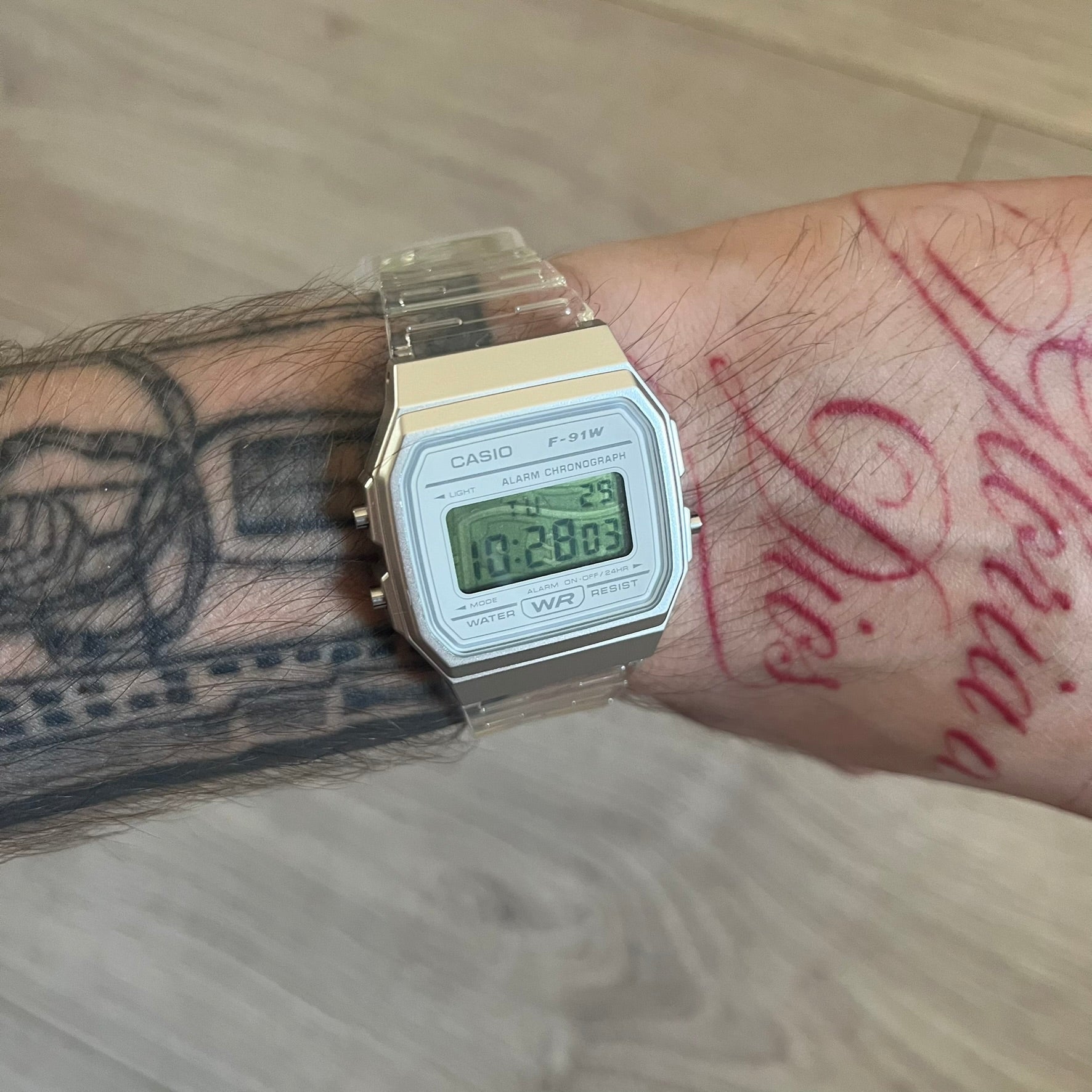 Casio F-91W "Money" Green & Clear Digital Watch